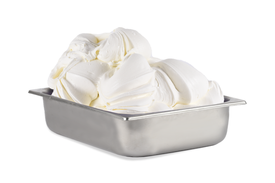 A large metal container filled with creamy, white vanilla gelato made using Gelato Supply’s Fructital Base 50 All Natural, with smooth, swirled peaks rising against a white background.