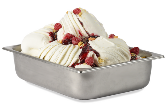 A metal container of creamy white gelato from Gelato Supply, featuring Fructital Raspberry Variegate, fresh red raspberries, berry sauce, and nut pieces on top, set against a white background.