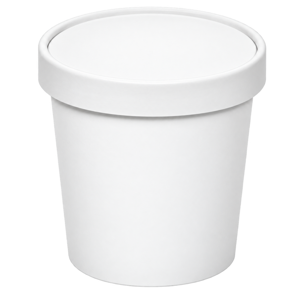 A plain white cylindrical paper to-go tub with a matching lid, shown on a solid white background.