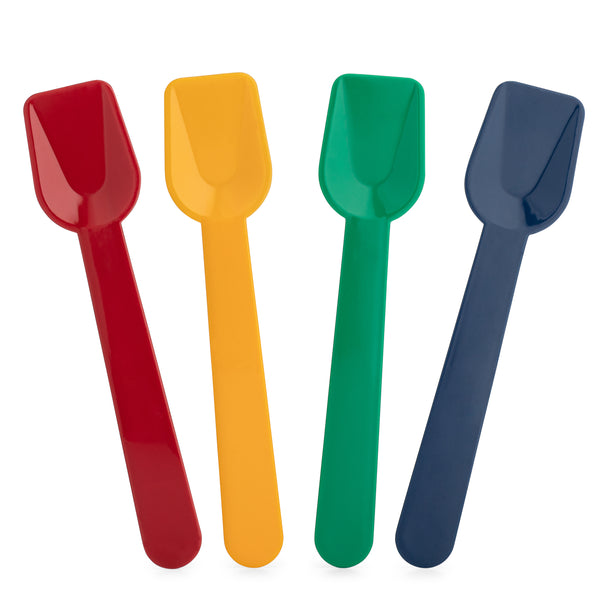 Four biodegradable gelato spoons by Gelato Supply, in red, yellow, green, and dark blue, stand upright in a row—perfect kitchen tools to pair with spatulas for any task. Product name: Palettina - Solid Mix Colors BIODEGRADABLE Gelato Spoons.