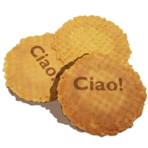 Three round, golden wafer cookies from Gelato Supply's Cookie Decoration - CIAO! line are arranged together. Two feature "Ciao!" in brown letters, while the third cookie in the back is plain.